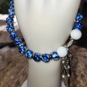 Artisanal Blue and White Beaded Keychain Bracelet/wristlet
